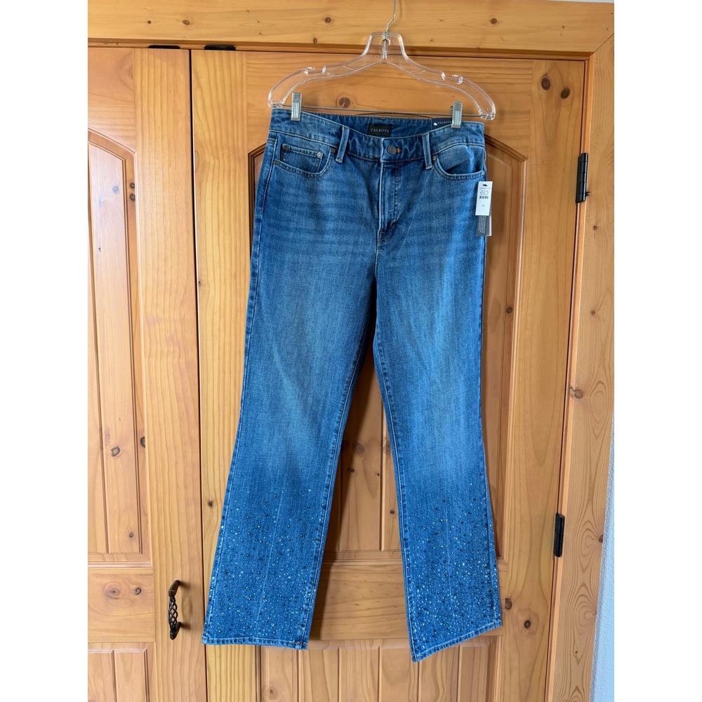 Talbots Barely Boot Jeans High Waist Rhinestone Hem Blue Denim 10 NWT 57418322